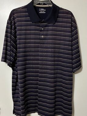 PGA TOUR MENS POLO SHIRT SZ XXL/XXG AUBERGINE W/ALMOND STRIPES BLK COLLAR